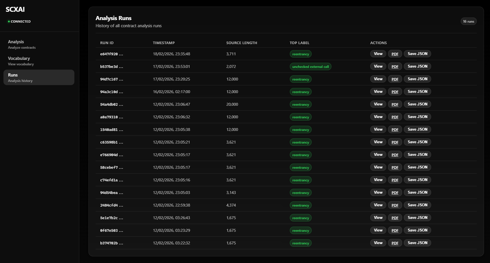 Runs page - analysis history